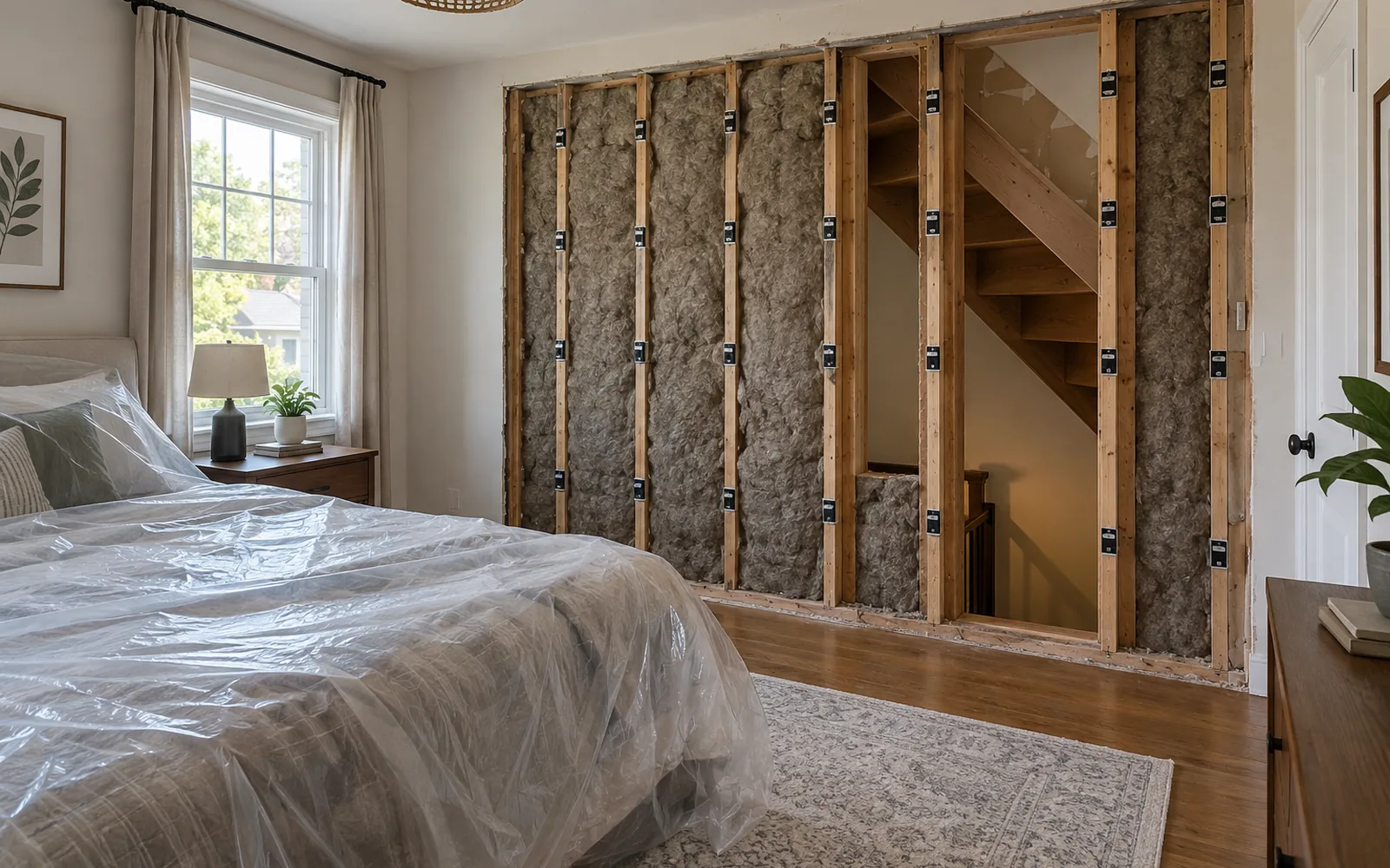 A bedroom wall opened to bare studs and insulation beside a stairwell before drywall repair