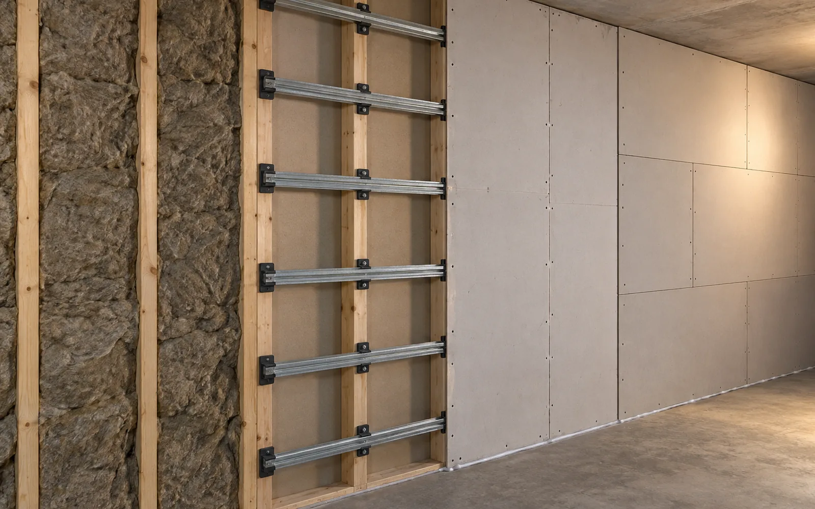 A soundproofed wall stepped back to show mineral wool, resilient channel and two board layers