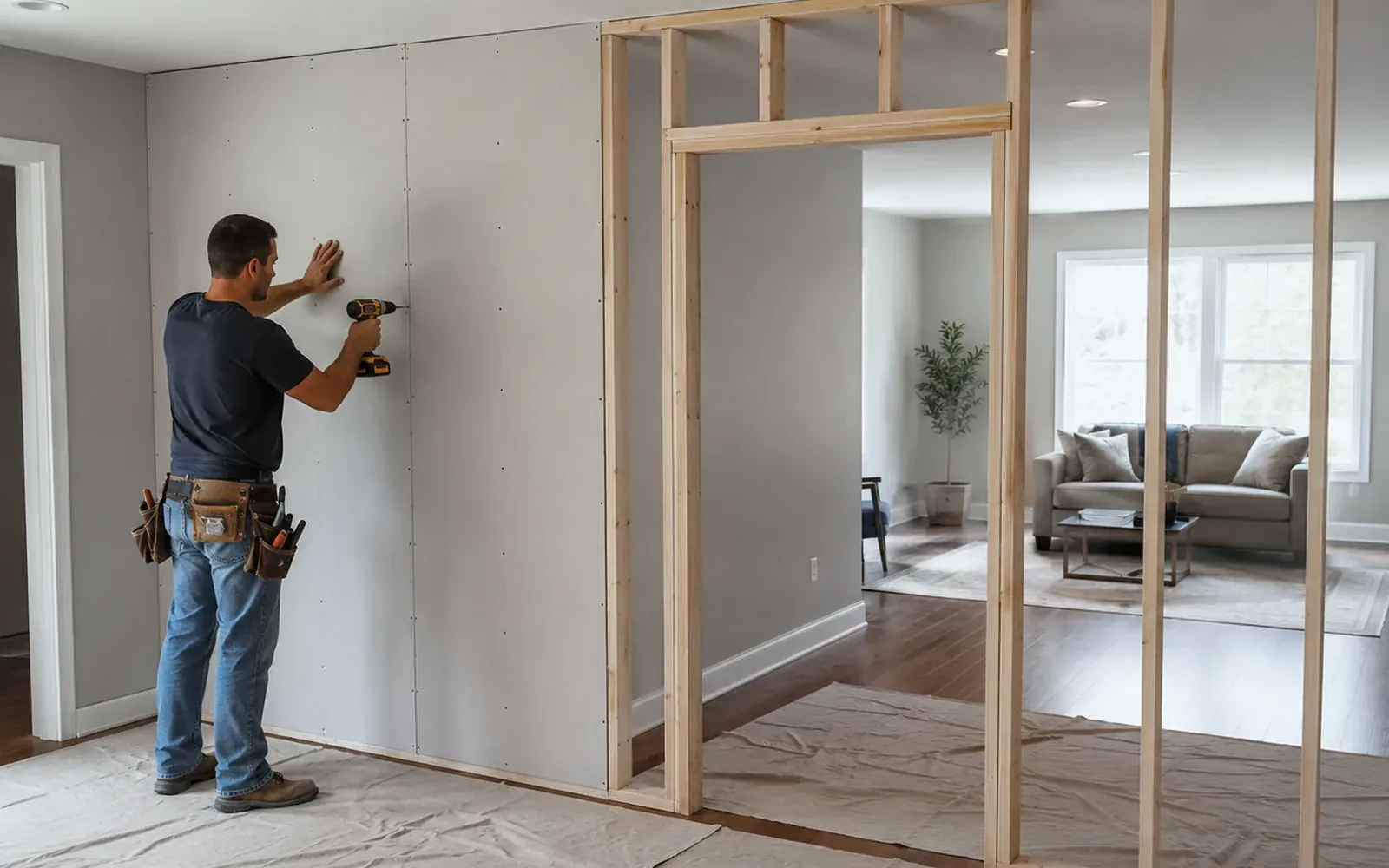 A worker framing a new partition wall opening between two finished rooms