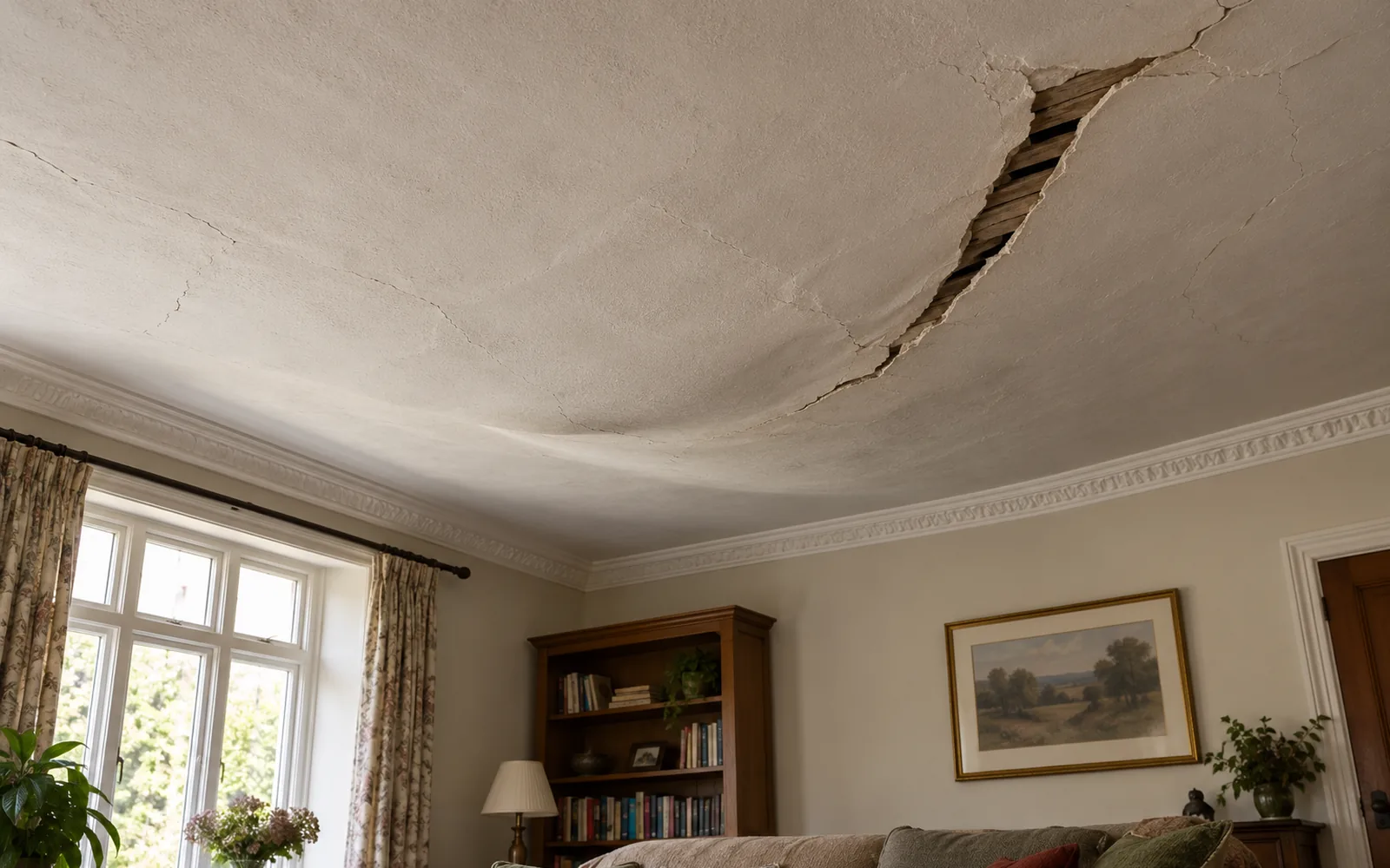 A wide crack and a sagging section in the plaster ceiling of a furnished room awaiting repair