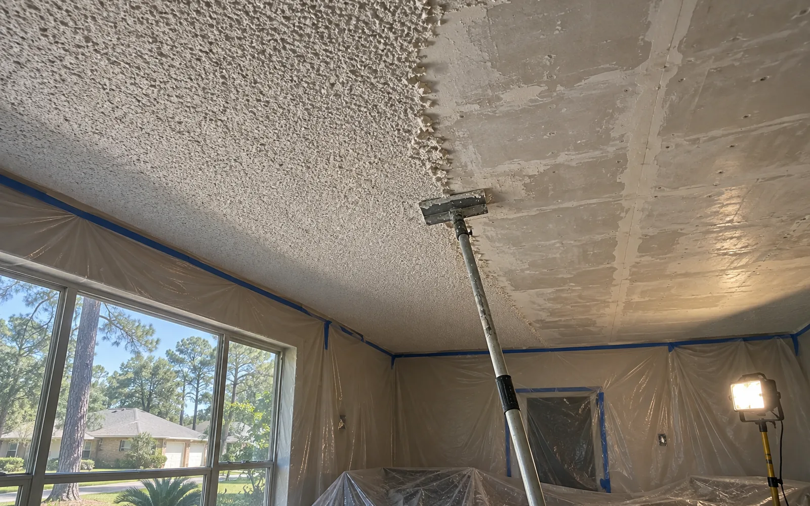 A masked room with half the popcorn ceiling scraped back to bare board during removal