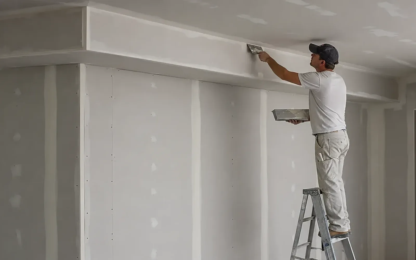 A worker on a stepladder finishing the underside of a boxed drywall soffit