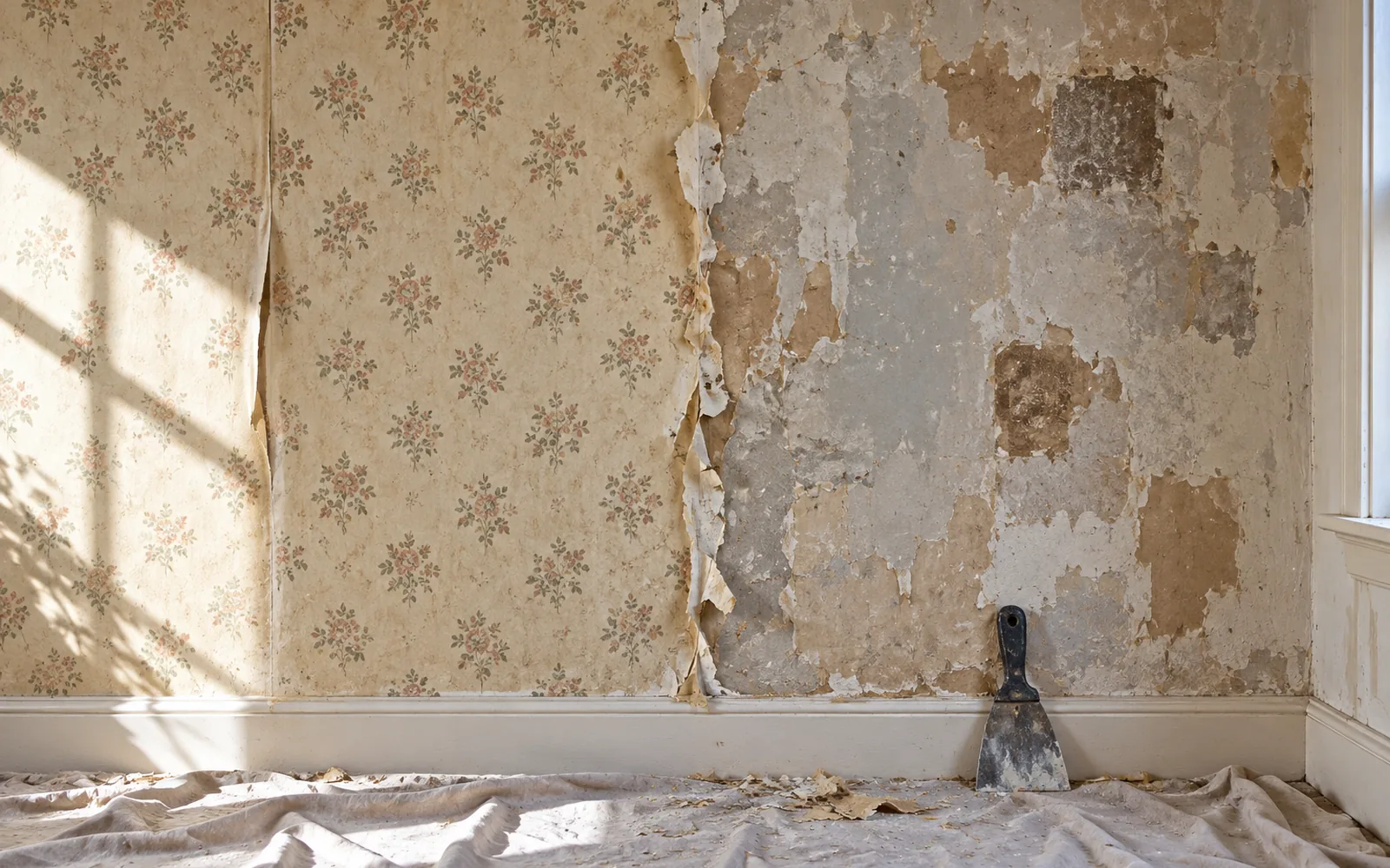 A papered wall half stripped during wallpaper removal, paste residue left on the surface