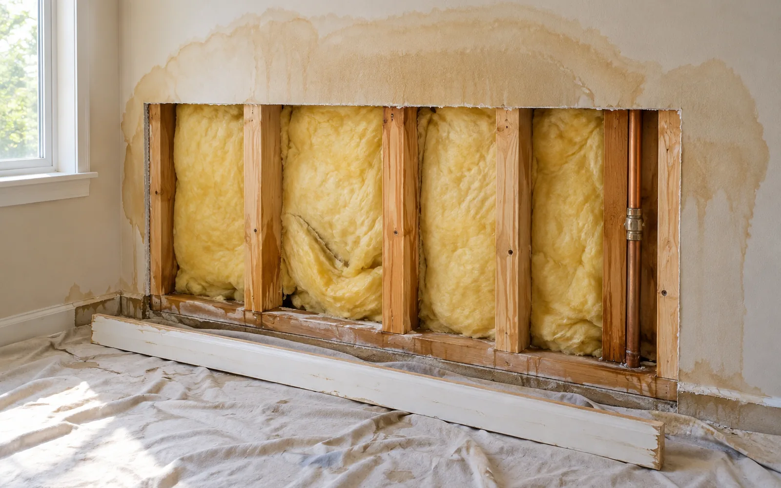 A water-damaged wall cut back to clean studs with the insulation left in place