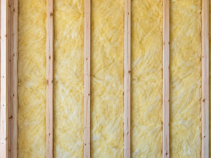 Unfaced insulation batts filling a newly framed wall flush with the studs, ready to be closed