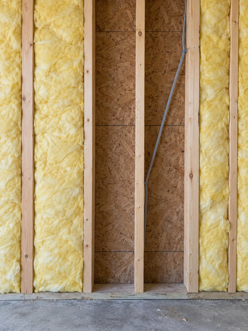 An open stud wall with most bays insulated and two still empty, one crossed by a cable
