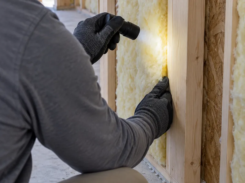 A worker holding a torch to the edge of a batt where it meets the stud, checking the cavity is filled to the corner