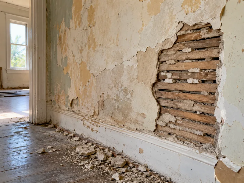 Plaster come away from a stripped wall to expose wooden lath and the hardened keys pushed between the strips