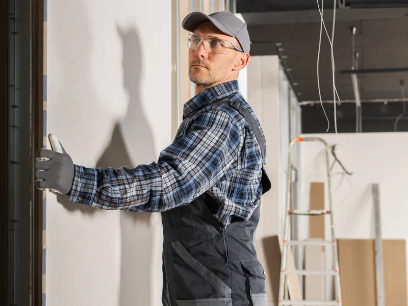 A worker drawing a drywall knife up a wall beside a dark opening