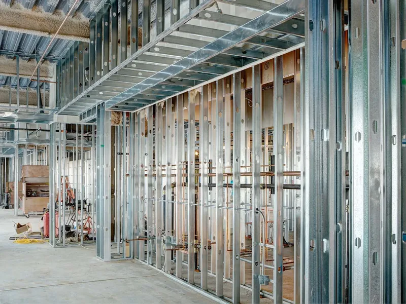 A long commercial floor framed out in steel studs with services overhead, ready to be divided and boarded