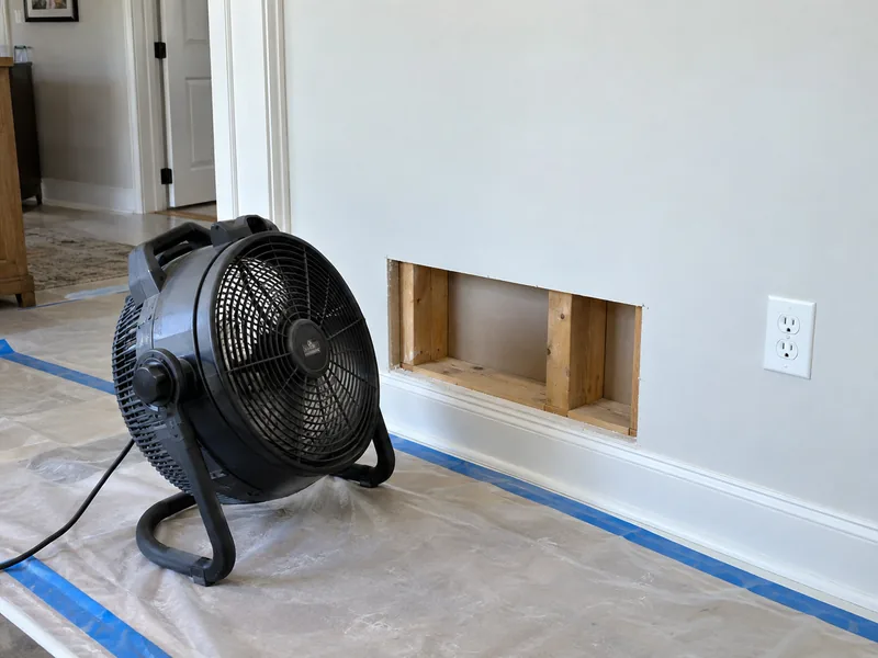 A floor fan drying an opened wall bay of clean studs behind a taped dust sheet after water damage