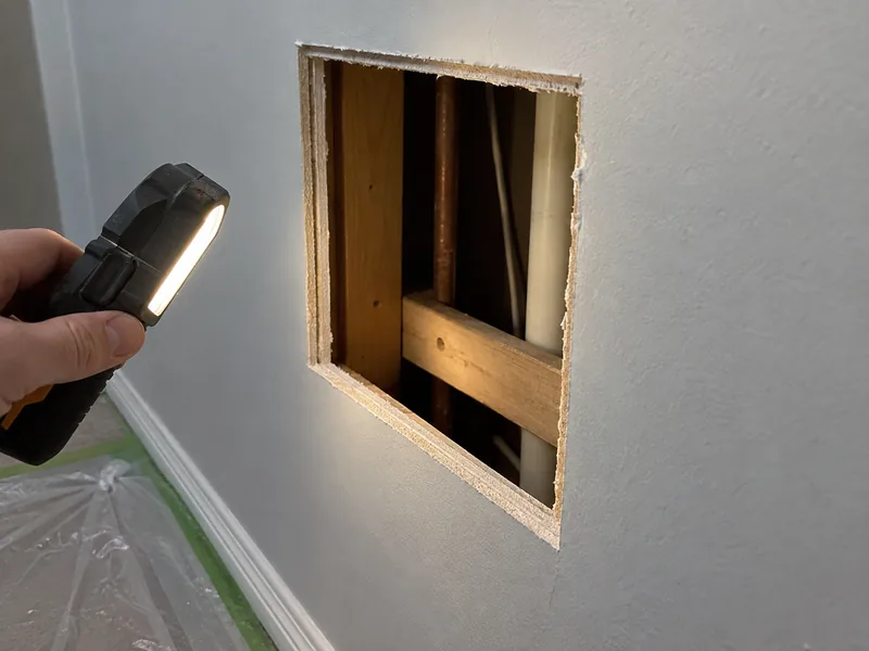 A hand holding a torch to an inspection opening cut in a wall, lighting the framing behind
