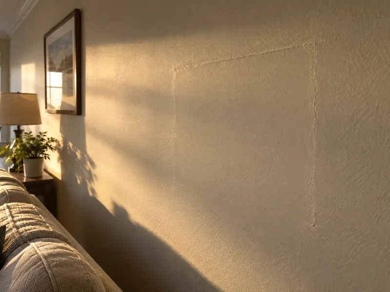 The rectangular outline of an old drywall patch showing through the paint in low light, its finish never matched