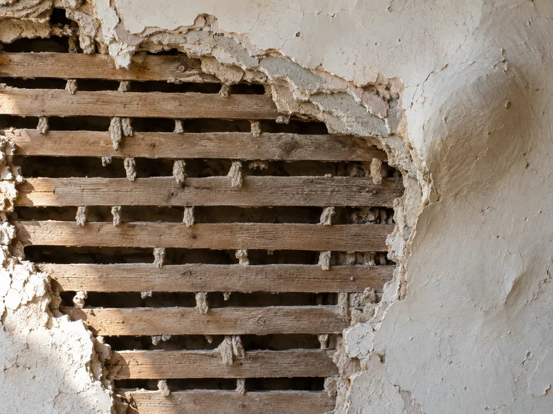 Plaster broken away from a wall to expose the wood lath behind it, the finish that predates gypsum board