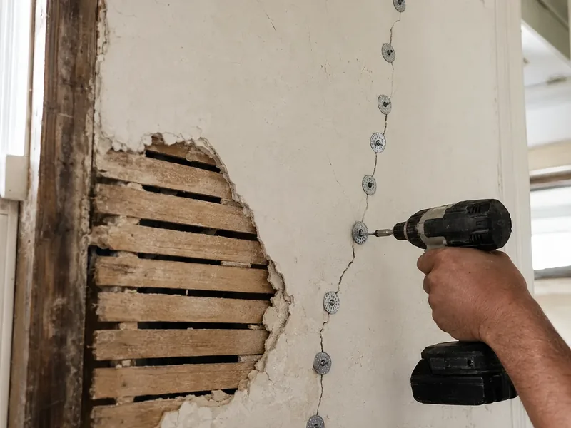 A drill setting a washer into plaster to draw it back against the lath, a repair short of replacement