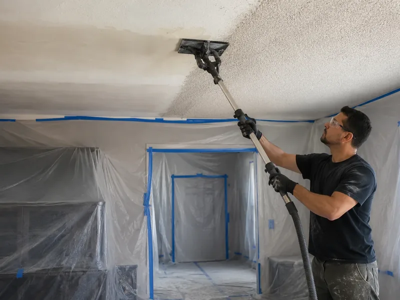 A drywall crew scraping a popcorn ceiling in a room sealed off with sheeting