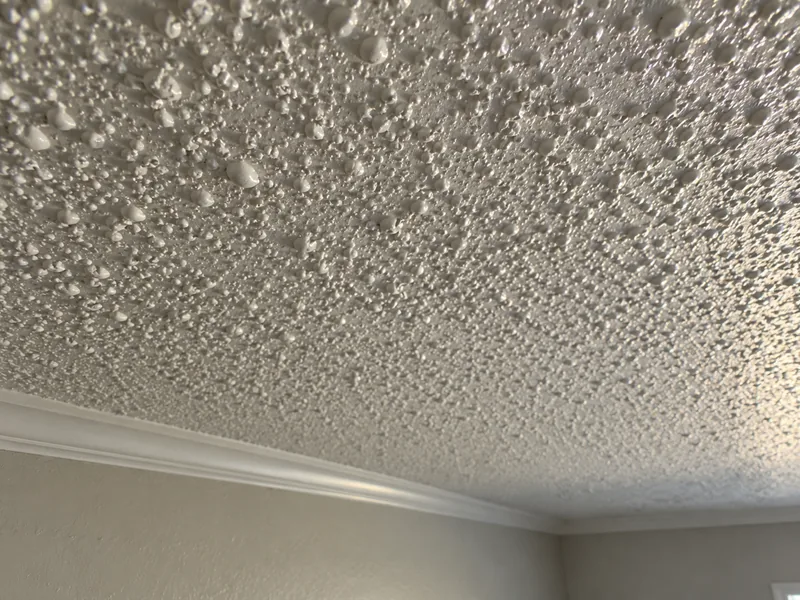 Sprayed acoustic ceiling texture lit from the side, its peaks rounded and softened under a coat of paint