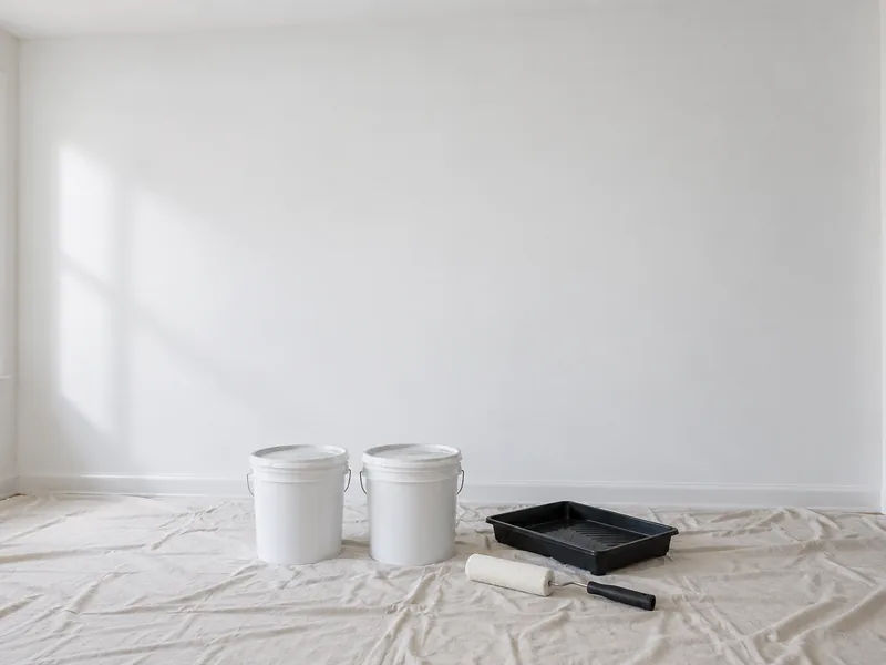 A primed wall with unopened paint tubs and a tray set out below it, the painting done by the same crew
