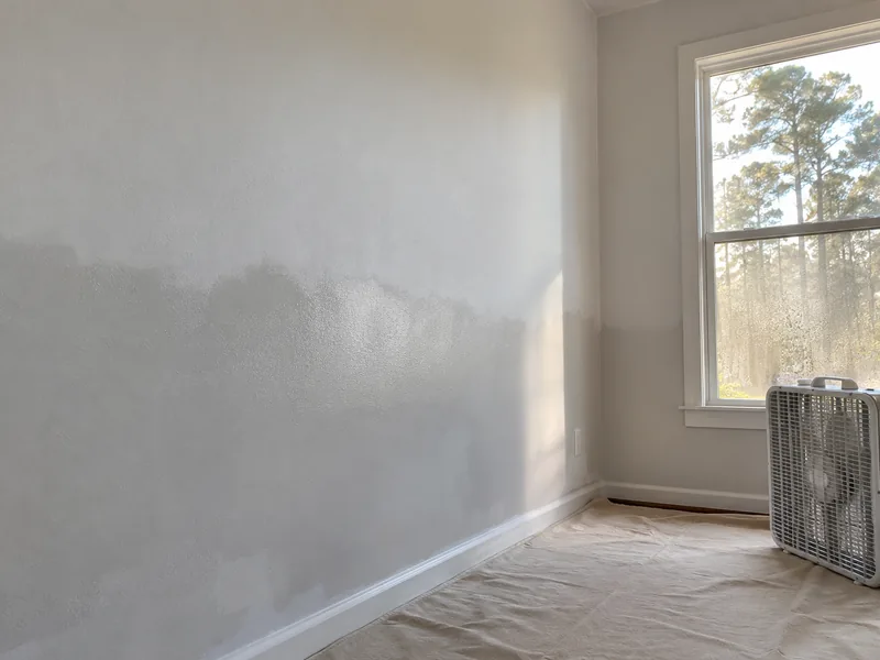 A wall part-primed after a drywall repair, the wet edge still darker than the dried area