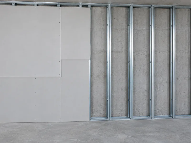 A rated drywall wall under construction with a second layer of board going on, its joints staggered from the first