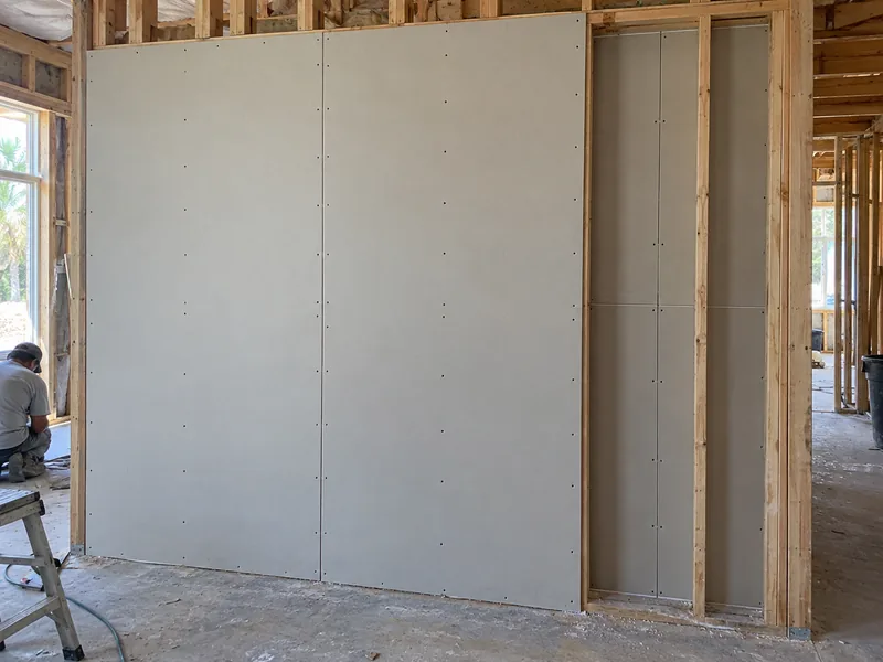 A drywall wall in a timber-framed shell, its sheets fixed in regular rows of screws with a narrower bay beside it
