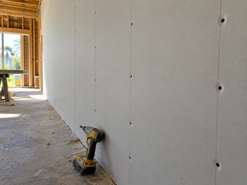 A long drywall wall seen down its face, screws set in regular rows, a cordless driver standing against the base