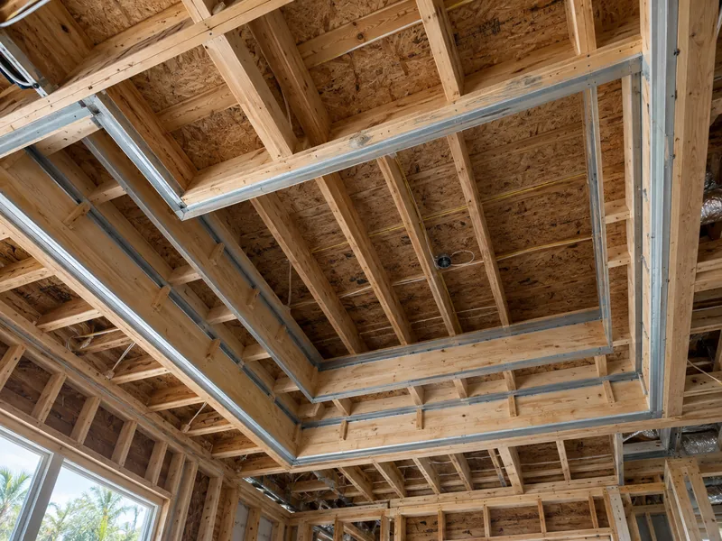 A stepped tray ceiling framed out in timber and light metal, seen from below before any board goes on