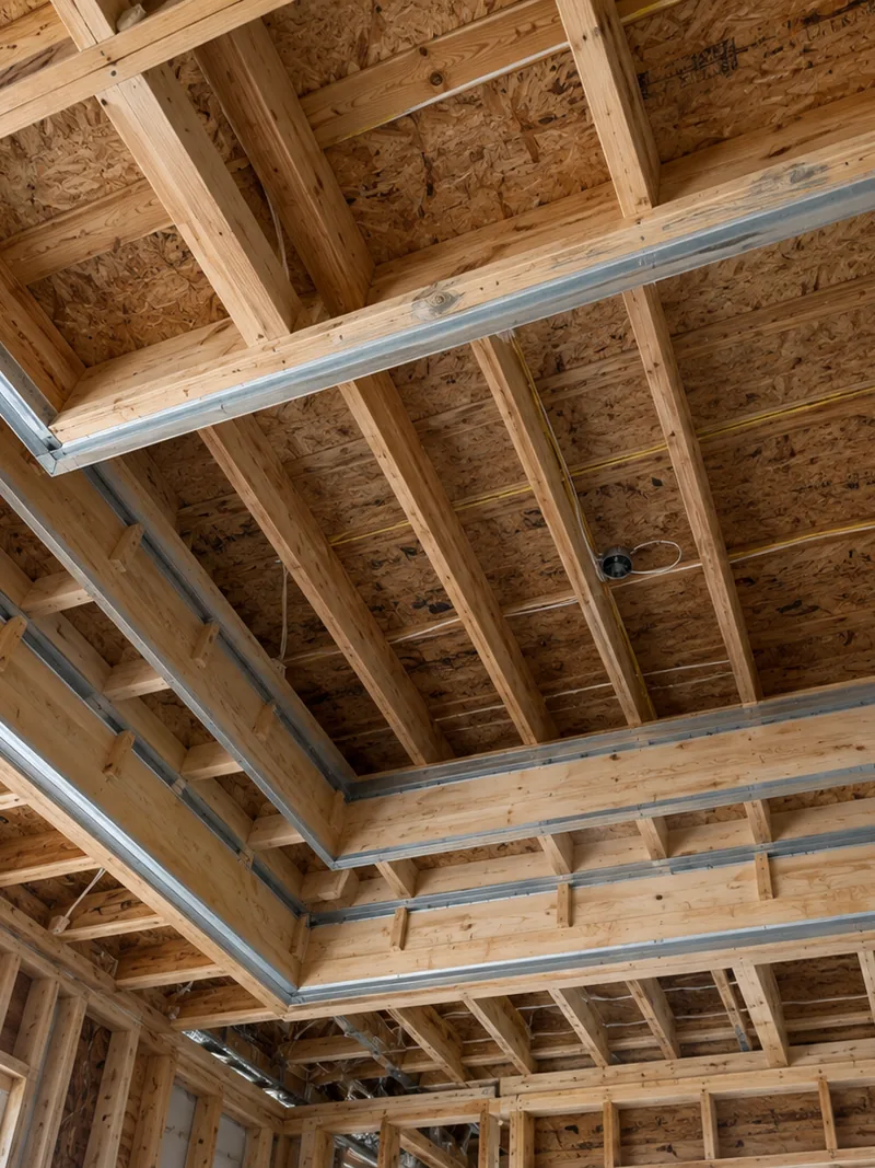 A stepped tray ceiling framed out in timber and light metal, seen from below before any board goes on