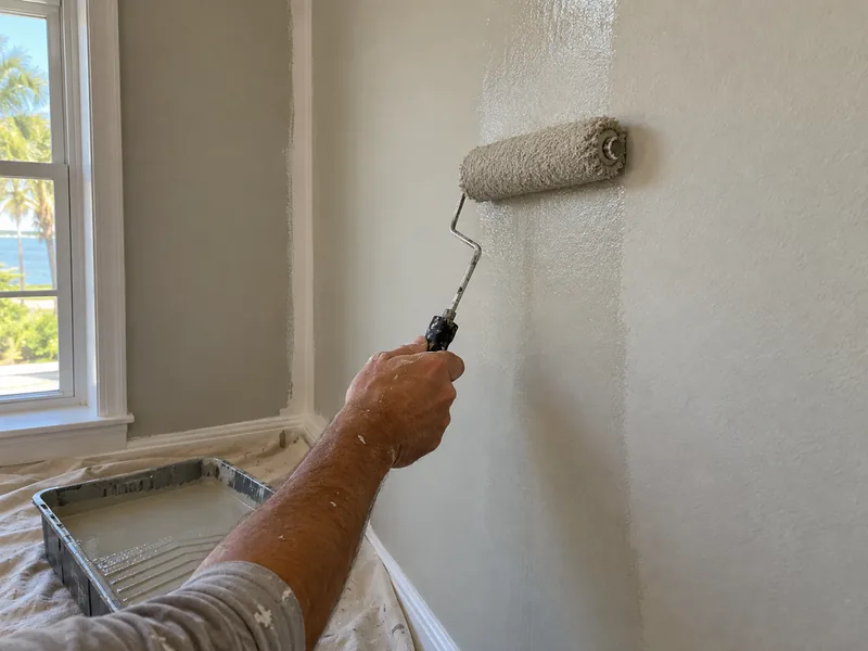 A roller worked up a wall in overlapping passes, the wet paint darker than the dry, a brushed band down the corner