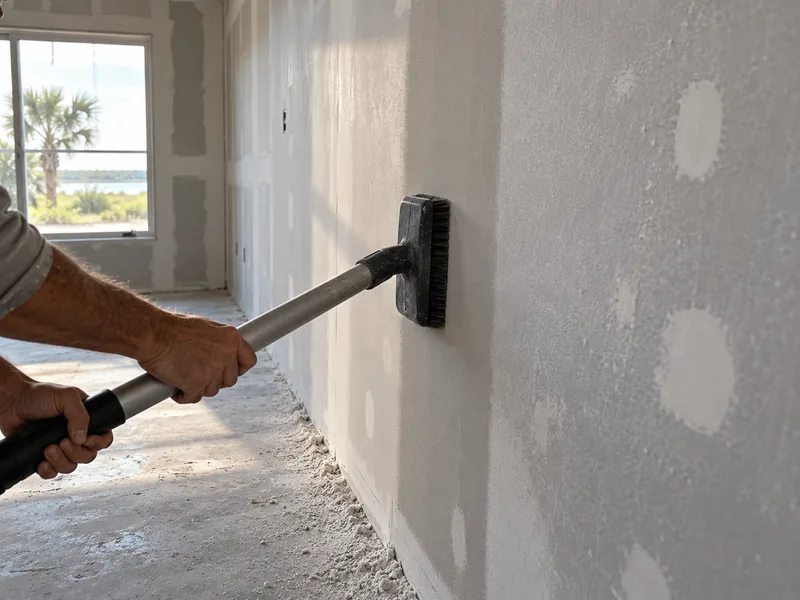 A brush-head vacuum drawn down a finished unpainted wall, the cleaned strip darker than the dusty surface beside it