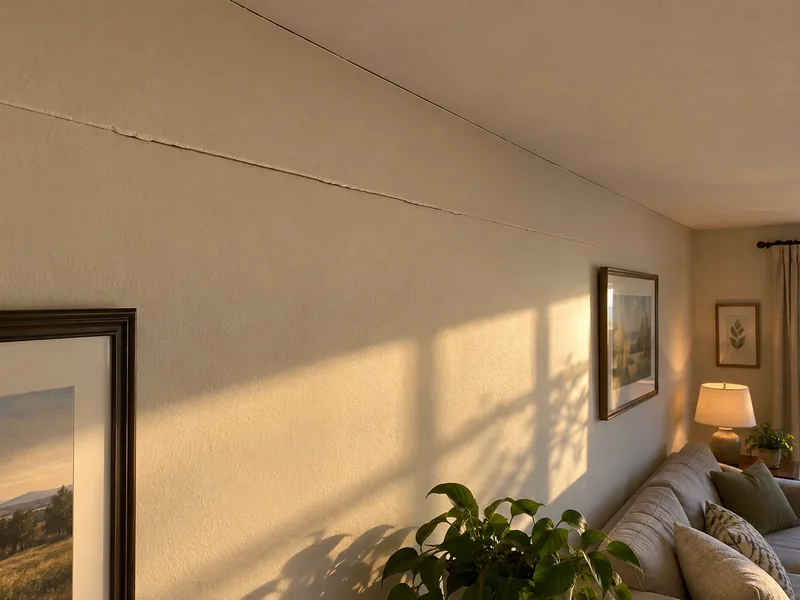 A straight crack opening along a taped drywall seam above a furnished room