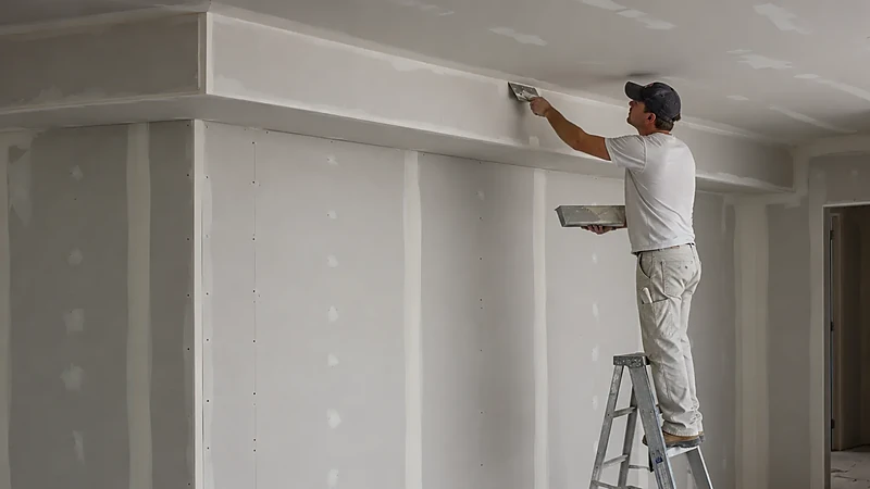 Finishing a boxed drywall soffit along the ceiling of a Spring, TX home