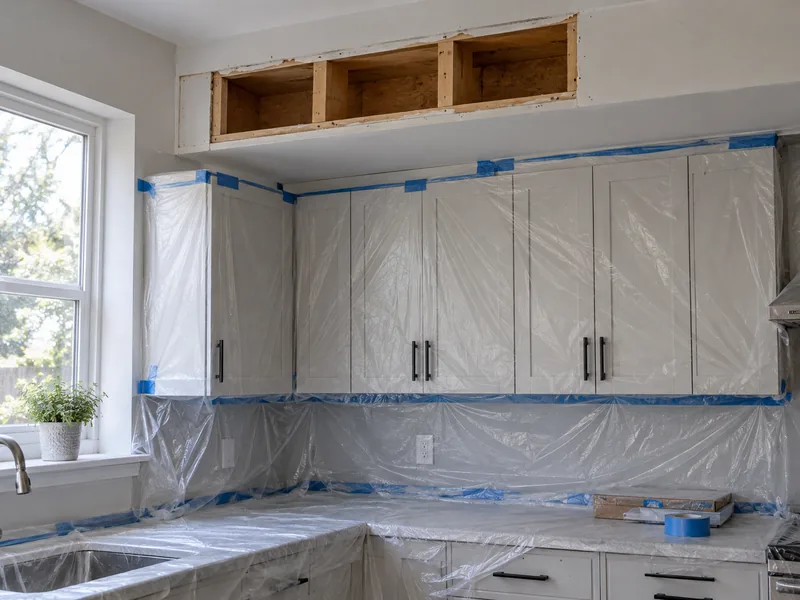 A kitchen soffit opened to its framing above cabinets masked with taped plastic