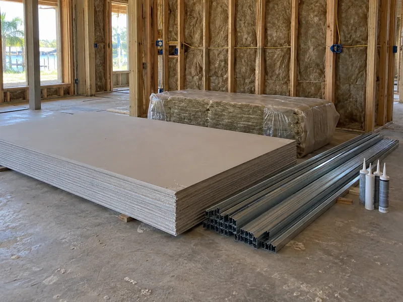 Board stacked flat on the floor beside resilient channel, a pack of mineral wool and tubes of acoustic sealant, one load staged indoors