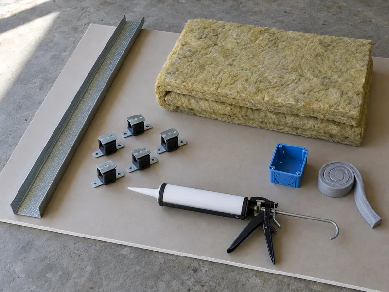 Resilient channel, clips, a mineral wool batt, sealant and tape laid out together