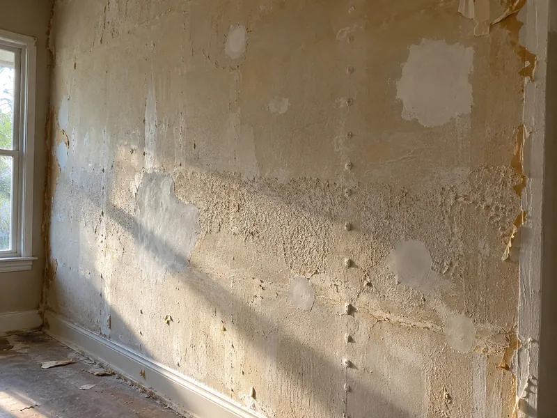 A wall stripped of its paper in raking light, showing pale old patches, a line of fastener bumps and coarser texture