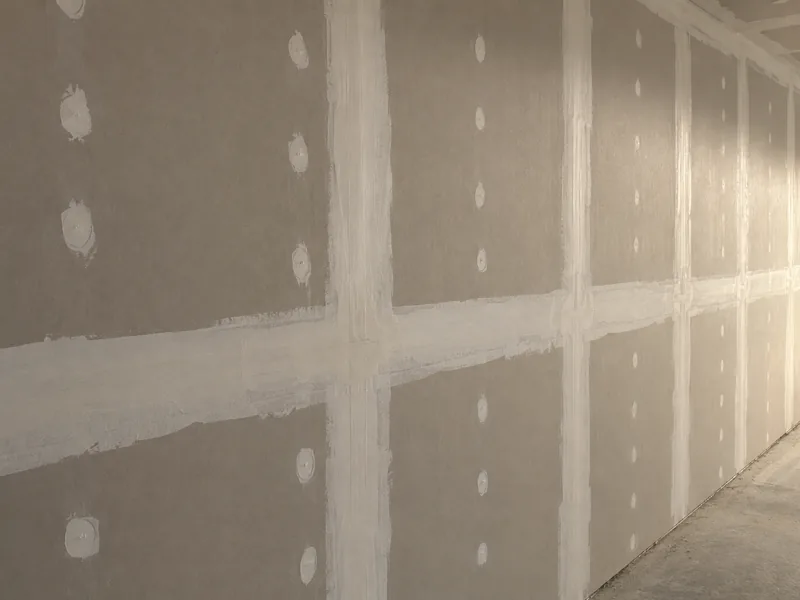 A wall with its drywall joints taped and every screw head spotted with compound