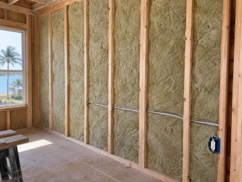 A framed wall insulated with unfaced batts and left open to the room, with no sheeting over the cavity