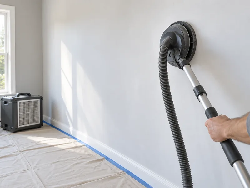 A vacuum-fed pole sander at work with an air scrubber running behind it