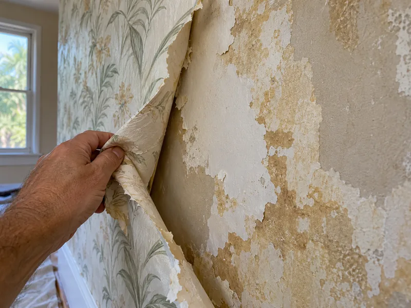 Vinyl wallpaper pulled back in a strip, releasing clean in places and holding a mottled film of old paste in others