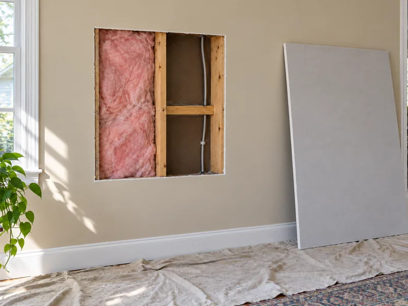 A square opening cut back to the studs with a replacement sheet standing beside it, work that reaches past the finish