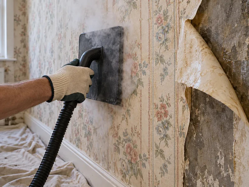 A steamer plate held to a papered wall as the paper peels away beside it