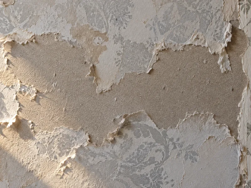 Torn board facing and a film of dried paste left across a stripped wall
