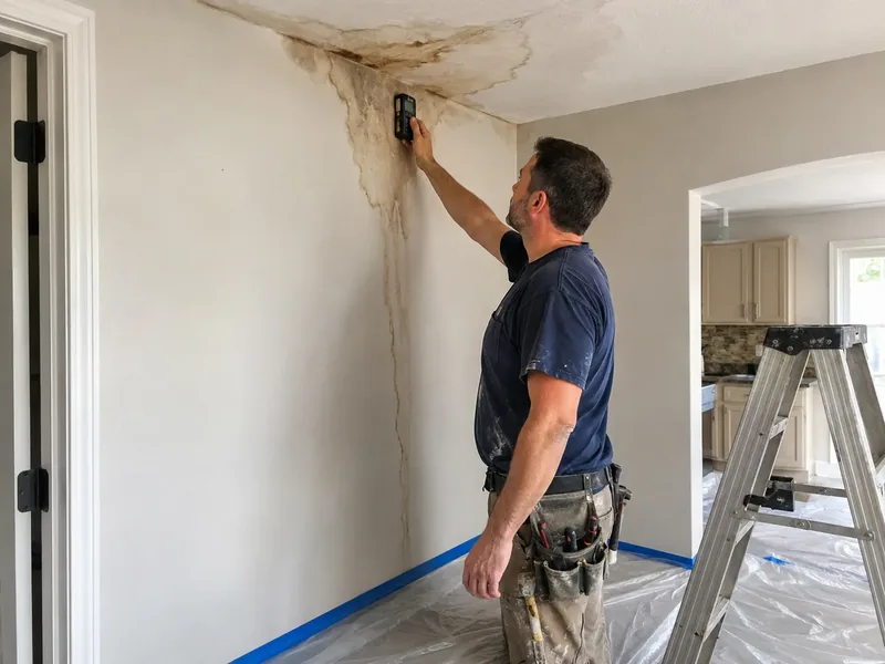 A worker holding a moisture meter to a stained wall below the ceiling, before the water is categorised
