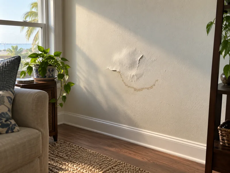 A blister of paint lifted off a wall in a furnished room, a faint brown tidemark curving beneath it in raking light