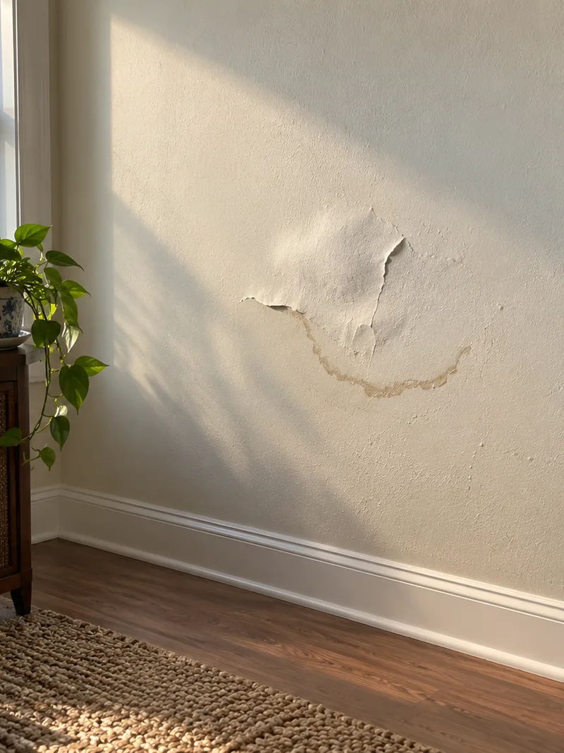 A blister of paint lifted off a wall in a furnished room, a faint brown tidemark curving beneath it in raking light