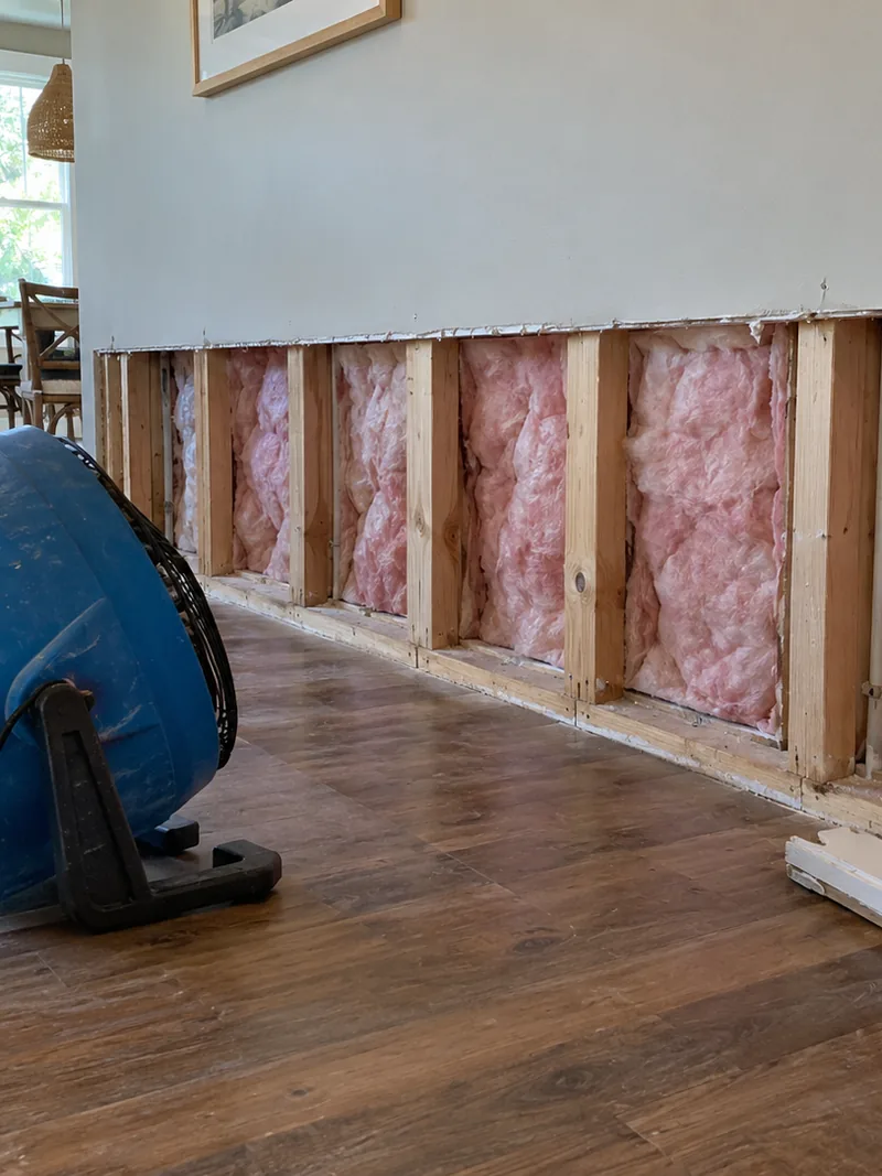 A wall cut open along its base with pale studs and bright pink batts exposed, a blue air mover aimed into the cavity