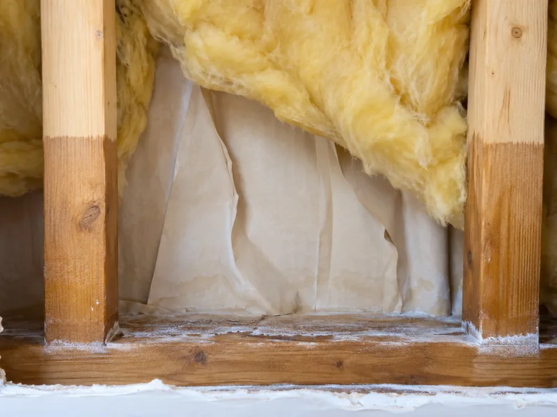 An opened cavity showing a water tideline and buckled paper against the framing