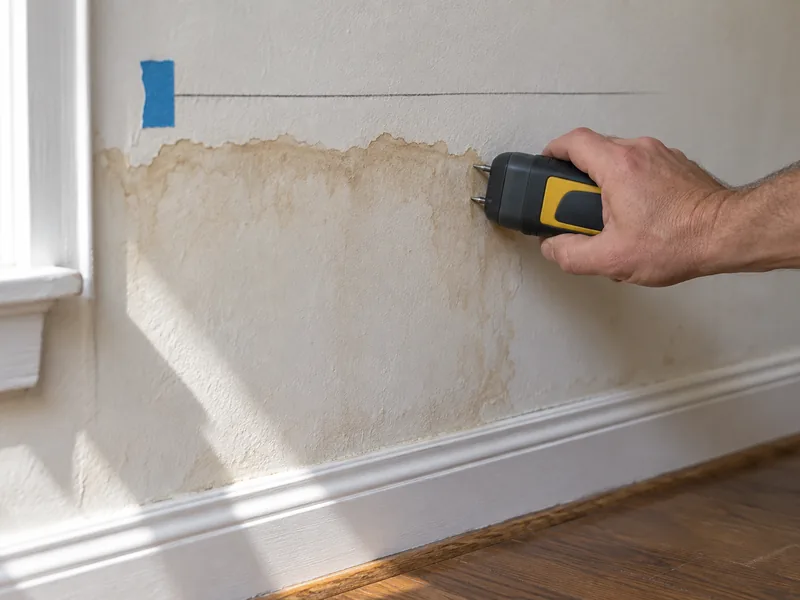 A moisture meter held against a stained wall beside a pencil line marking the damp