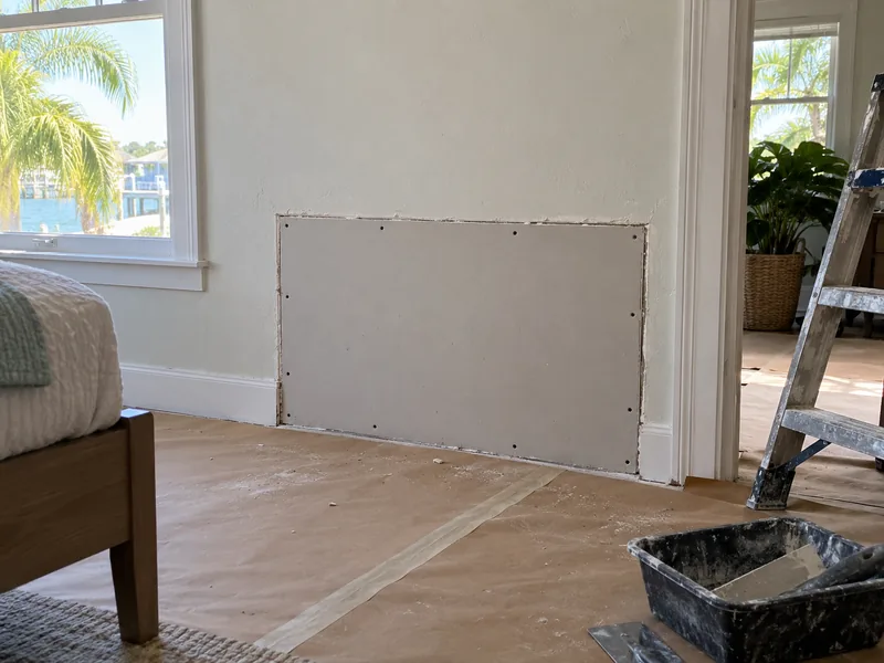A rectangle of new bare board let into the lower half of a painted wall and screwed off for repair, its joints not yet taped